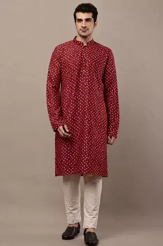  red printed kurta with cream pyjama & all-over ethnic motifs set with cream payjama