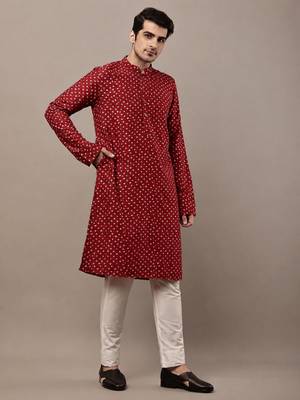  red printed kurta with cream pyjama & all-over ethnic motifs set with cream payjama 2