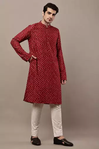  red printed kurta with cream pyjama & all-over ethnic motifs set with cream payjama