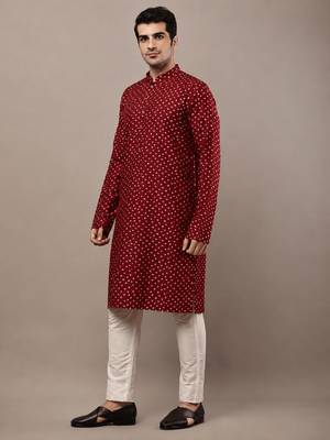  red printed kurta with cream pyjama & all-over ethnic motifs set with cream payjama 3