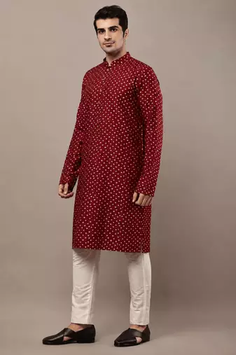  red printed kurta with cream pyjama & all-over ethnic motifs set with cream payjama