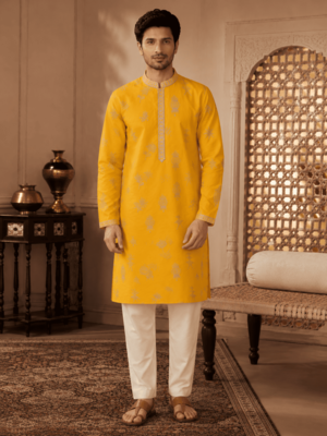 Men's mustard yellow woven ethnic kurta with cream pyjama set 1