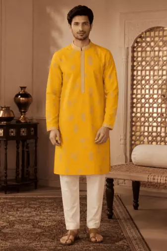 Men's mustard yellow woven ethnic kurta with cream pyjama set