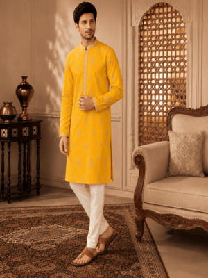 Men's mustard yellow woven ethnic kurta with cream pyjama set 2