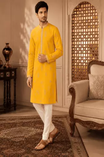 Men's mustard yellow woven ethnic kurta with cream pyjama set