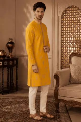 Men's mustard yellow woven ethnic kurta with cream pyjama set
