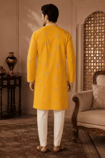 Men's mustard yellow woven ethnic kurta with cream pyjama set