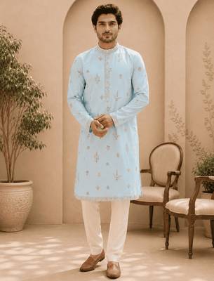 Sky blue embroidered men’s kurta set 1