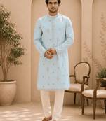 Sky blue embroidered men’s kurta set