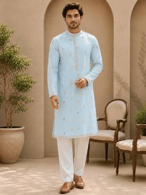 Sky blue embroidered men’s kurta set 2