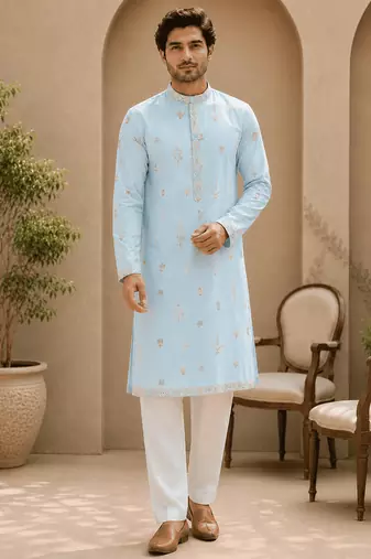 Sky blue embroidered men’s kurta set