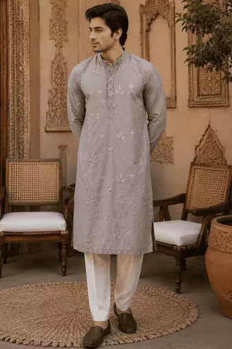 Dusty grey pastel embroidered  kurta set