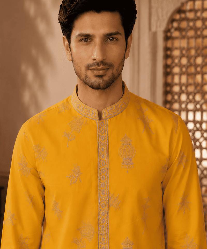 Men's mustard yellow woven ethnic kurta with cream pyjama set