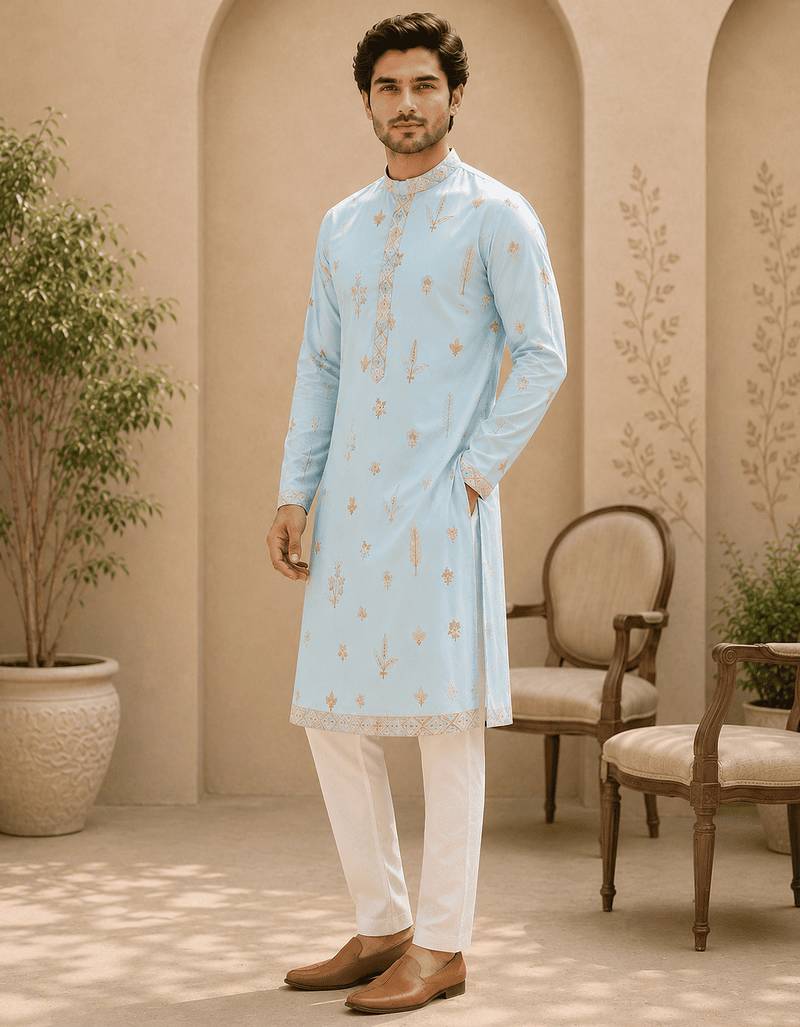 Sky blue embroidered men’s kurta set