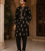  black gold motif embroidered kurta set with inner lining
