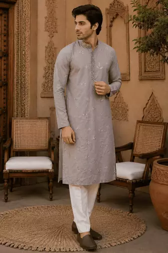 Dusty grey pastel embroidered  kurta set