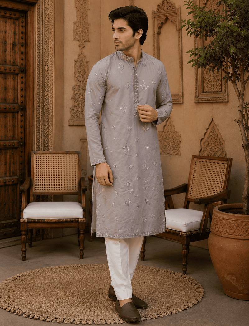 Dusty grey pastel embroidered  kurta set