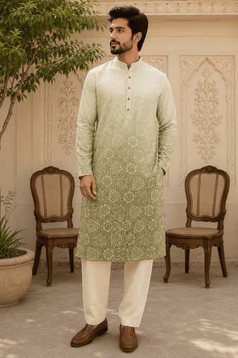 Sage green ombre printed  kurta set