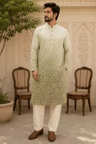 Sage green ombre printed  kurta set
