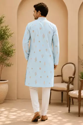 Sky blue embroidered men’s kurta set