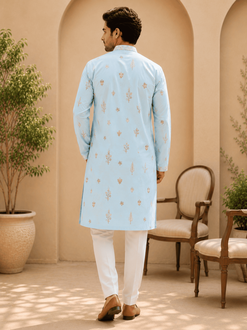 Sky blue embroidered men’s kurta set