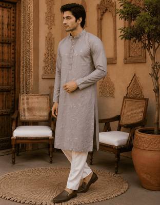 Dusty grey pastel embroidered  kurta set 3