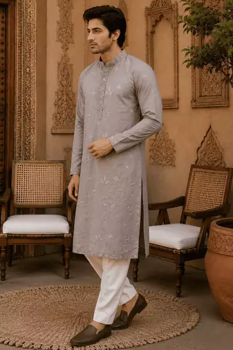 Dusty grey pastel embroidered  kurta set