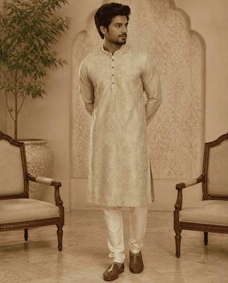 Elegant pastel gold eelegant pastel gold self-textured men’s kurta set men’s kurta set 1