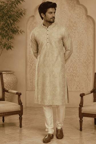 Elegant pastel gold eelegant pastel gold self-textured men’s kurta set men’s kurta set