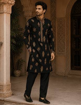  black gold motif embroidered kurta set with inner lining 2