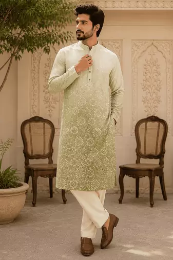 Sage green ombre printed  kurta set