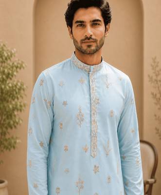 Sky blue embroidered men’s kurta set 5