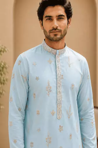 Sky blue embroidered men’s kurta set