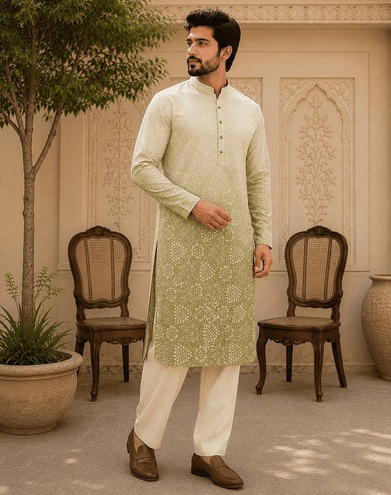 Sage green ombre printed  kurta set