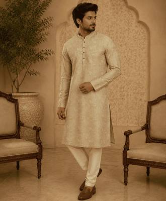 Elegant pastel gold eelegant pastel gold self-textured men’s kurta set men’s kurta set 2