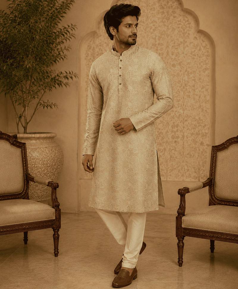 Elegant pastel gold eelegant pastel gold self-textured men’s kurta set men’s kurta set