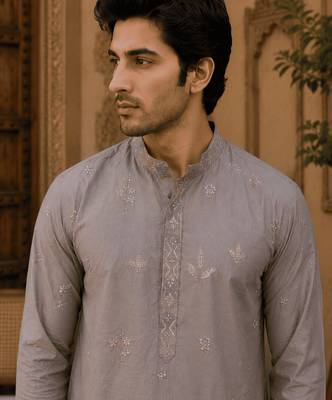 Dusty grey pastel embroidered  kurta set 5