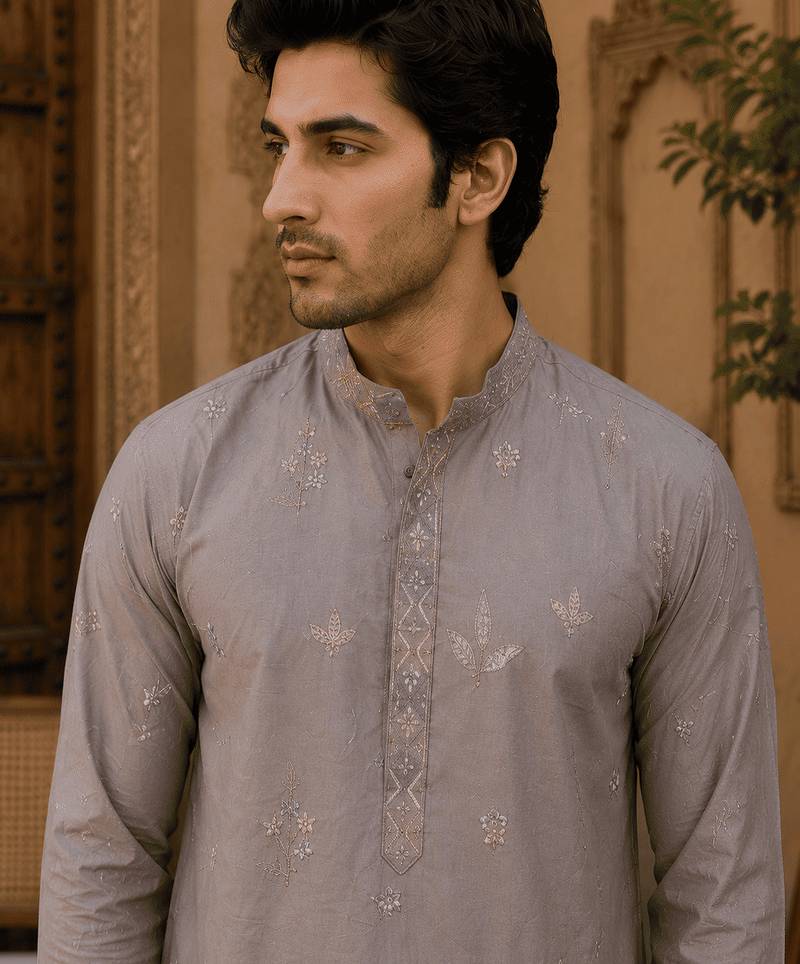 Dusty grey pastel embroidered  kurta set