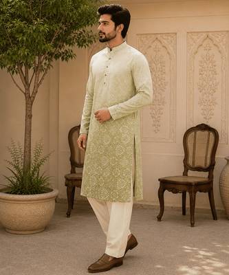 Sage green ombre printed  kurta set 4