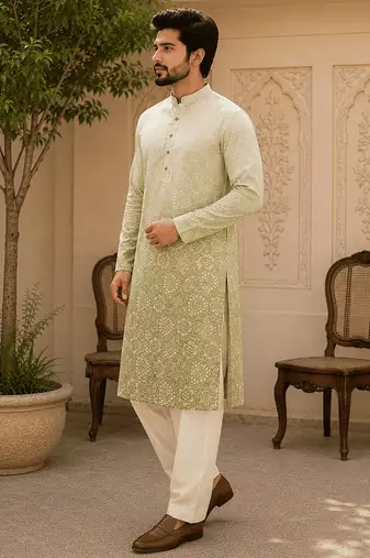 Sage green ombre printed  kurta set