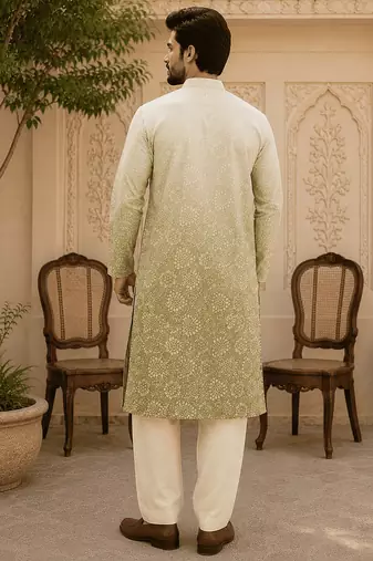 Sage green ombre printed  kurta set