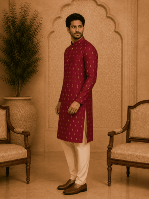 Maroon ethnic printed kurta with cream churidar set 2