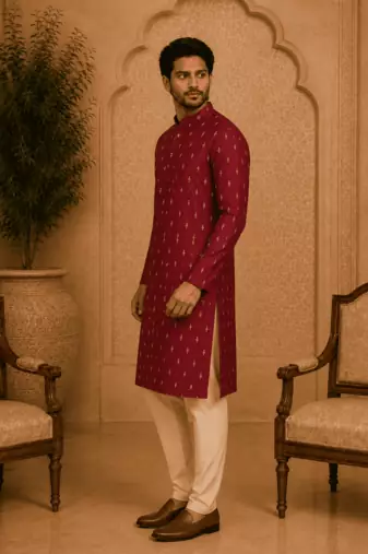 Maroon ethnic printed kurta with cream churidar set