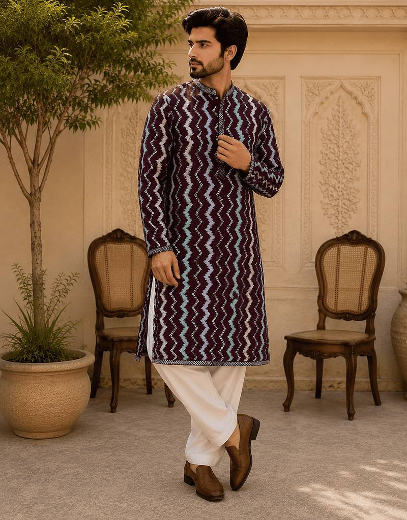  maroon zigzag printed  kurta set