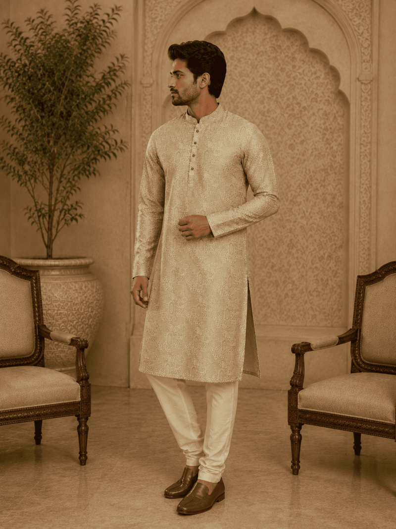 Elegant pastel gold eelegant pastel gold self-textured men’s kurta set men’s kurta set