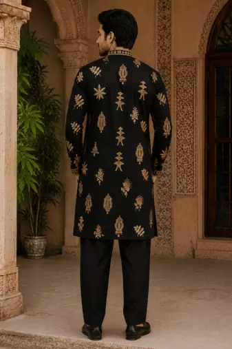  black gold motif embroidered kurta set with inner lining