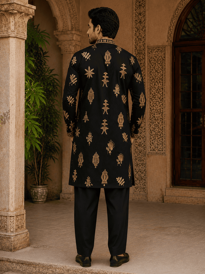  black gold motif embroidered kurta set with inner lining