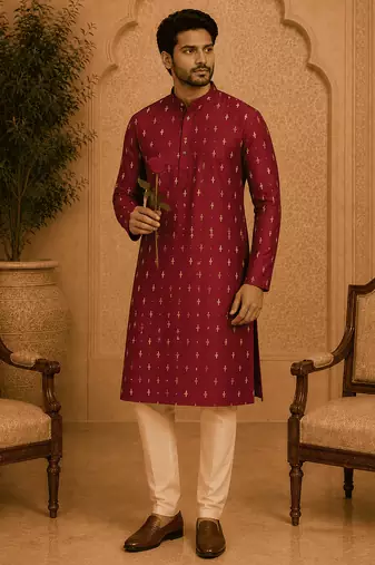 Maroon ethnic printed kurta with cream churidar set