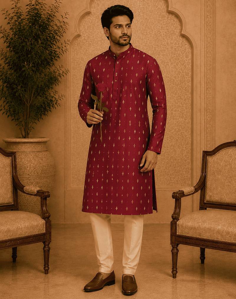 Maroon ethnic printed kurta with cream churidar set