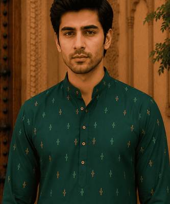 Green ethnic printed kurta with cream churidar set 3